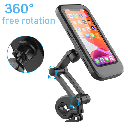 Waterproof magnetic bike phone holder for 4–6.7 inch phones. Features 360° rotation, 3-joint adjustment, sensitive touch screen, strong waterproofing, and secure magnetic lock for stable riding.